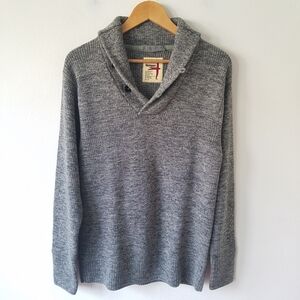 Relwen 100% Merino Wool Rib Knit Shawl Collar Grey Long Sleeve Sweater Large